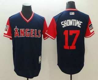 Men's Los Angeles Angels #17 Shohei Ohtani Showtime Majestic Navy-Red 2018 Players' Weekend Authentic Jersey