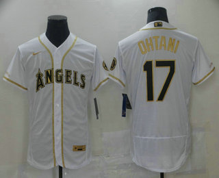 Men's Los Angeles Angels #17 Shohei Ohtani White With Gold Stitched MLB Flex Base Nike Jersey