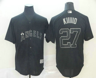 Men's Los Angeles Angels #27 Mike Trout  Kiiiiid Black 2019 Players' Weekend Stitched Nickname Jersey