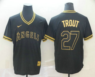 Men's Los Angeles Angels #27 Mike Trout Black Gold Nike Cooperstown Legend V Neck Jersey