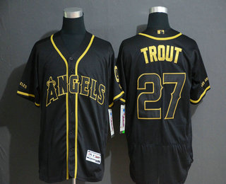 Men's Los Angeles Angels #27 Mike Trout Black Gold Stitched MLB Flex Base Jersey