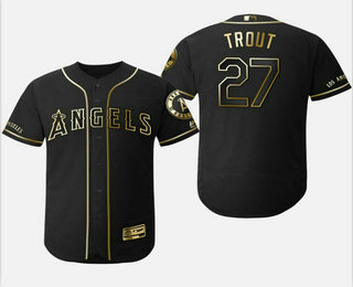 Men's Los Angeles Angels #27 Mike Trout Black Gold Stitched MLB Flex Base Jersey