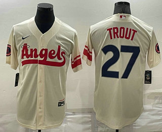 Men's Los Angeles Angels #27 Mike Trout Cream 2022 City Connect Cool Base Stitched Jersey