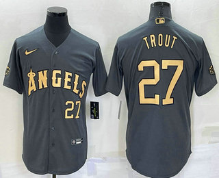 Men's Los Angeles Angels #27 Mike Trout Number Grey 2022 All Star Stitched Cool Base Nike Jersey