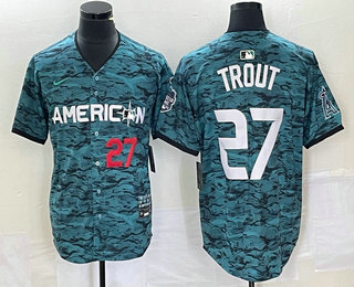 Men's Los Angeles Angels #27 Mike Trout Number Teal 2023 All Star Cool Base Stitched Jersey 02