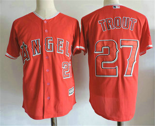 Men's Los Angeles Angels #27 Mike Trout Red With Front Number Cool Base Jersey