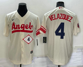 Men's Los Angeles Angels #4 Andrew Velazquez Number Cream 2022 City Connect Cool Base Stitched Jersey