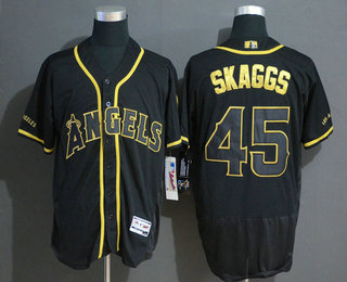 Men's Los Angeles Angels #45 Tyler Skaggs Black Gold Stitched MLB Flex Base Jersey