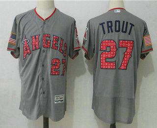 Men's Los Angeles Angels Of Anaheim #27 Mike Trout Gray 2017 Stars & Stripes Stitched MLB Majestic Flex Base Jersey