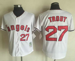 Men's Los Angeles Angels of Anaheim #27 Mike Trout White Mitchell And Ness Throwback Stitched MLB Jersey