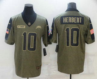 Men's Los Angeles Chargers #10 Justin Herbert 2021 Olive Salute To Service Limited Stitched Jersey