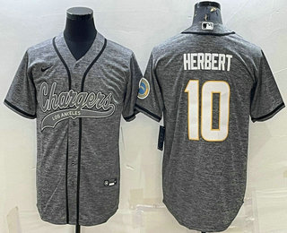 Men's Los Angeles Chargers #10 Justin Herbert Grey Gridiron With Patch Cool Base Stitched Baseball Jersey