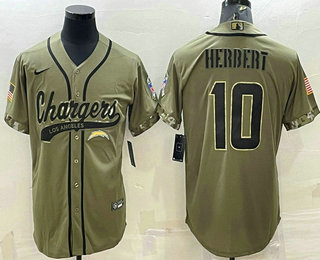 Men's Los Angeles Chargers #10 Justin Herbert Olive Salute to Service Cool Base Stitched Baseball Jersey