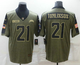 Men's Los Angeles Chargers #21 LaDainian Tomlinson 2021 Olive Salute To Service Limited Stitched Jersey