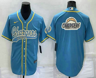 Men's Los Angeles Chargers Light Blue Team Big Logo With Patch Cool Base Stitched Baseball Jersey