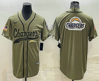 Men's Los Angeles Chargers Olive Salute to Service Team Big Logo Cool Base Stitched Baseball Jersey