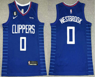 Men's Los Angeles Clippers #0 Russell Westbrook Blue 6 Patch Sponsor Icon Swingman Jersey