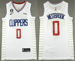 Men's Los Angeles Clippers #0 Russell Westbrook White 6 Patch Sponsor Icon Swingman Jersey