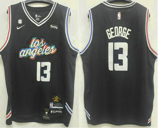 Men's Los Angeles Clippers #13 Paul George 2023 Black City Edition With 6 Patch Stitched Jersey With Sponsor