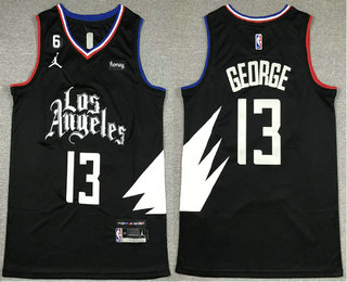 Men's Los Angeles Clippers #13 Paul George Black 2022 Statement 6 Patch Icon Sponsor Swingman Jersey