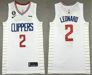 Men's Los Angeles Clippers #2 Kawhi Leonard White With 6 Patch Stitched Jersey