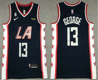 Men's Los Angeles Clippers #13 Paul George Navy Blue 6 Patch Nike 2023 Swingman City Edition Jersey With Sponsor