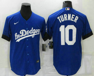 Men's Los Angeles Dodgers #10 Justin Turner Blue 2021 City Connect Cool Base Stitched Jersey