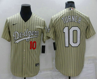 Men's Los Angeles Dodgers #10 Justin Turner Cream Pinstripe Stitched MLB Cool Base Nike Jersey