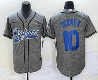 Men's Los Angeles Dodgers #10 Justin Turner Grey Gridiron Cool Base Stitched Baseball Jersey