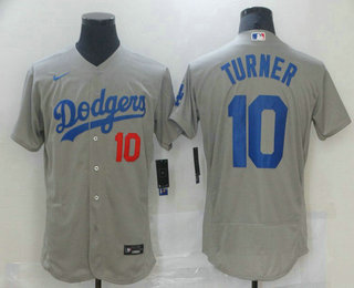 Men's Los Angeles Dodgers #10 Justin Turner Grey With Dodgers Stitched MLB Flex Base Jersey