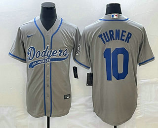 Men's Los Angeles Dodgers #10 Justin Turner Grey With Patch Cool Base Stitched Baseball Jersey 01