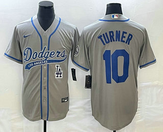 Men's Los Angeles Dodgers #10 Justin Turner Grey With Patch Cool Base Stitched Baseball Jersey 02