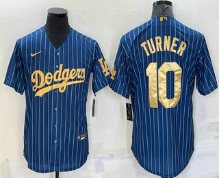 Men's Los Angeles Dodgers #10 Justin Turner Navy Blue Gold Pinstripe Stitched MLB Cool Base Nike Jersey