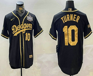 Men's Los Angeles Dodgers #10 Justin Turner Number Black Gold 2024 World Series Stitched Jersey