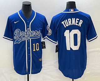 Men's Los Angeles Dodgers #10 Justin Turner Number Blue Cool Base Stitched Baseball Jersey