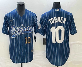 Men's Los Angeles Dodgers #10 Justin Turner Number Blue Pinstripe Cool Base Stitched Baseball Jersey