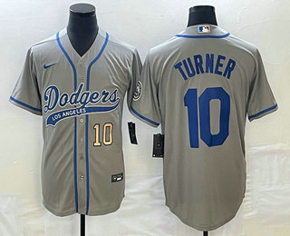 Men's Los Angeles Dodgers #10 Justin Turner Number Grey With Patch Cool Base Stitched Baseball Jersey 01