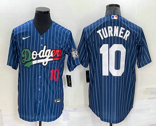 Men's Los Angeles Dodgers #10 Justin Turner Number Navy Blue Pinstripe 2020 World Series Cool Base Nike Jersey 01