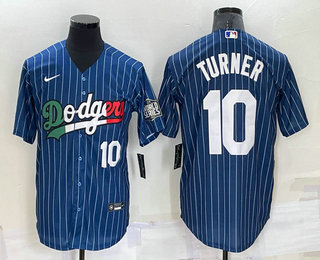 Men's Los Angeles Dodgers #10 Justin Turner Number Navy Blue Pinstripe 2020 World Series Cool Base Nike Jersey