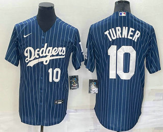 Men's Los Angeles Dodgers #10 Justin Turner Number Navy Blue Pinstripe Stitched MLB Cool Base Nike Jersey