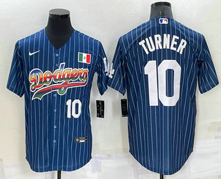 Men's Los Angeles Dodgers #10 Justin Turner Number Rainbow Blue Red Pinstripe Mexico Cool Base Nike Jersey 01