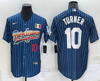 Men's Los Angeles Dodgers #10 Justin Turner Number Rainbow Blue Red Pinstripe Mexico Cool Base Nike Jersey