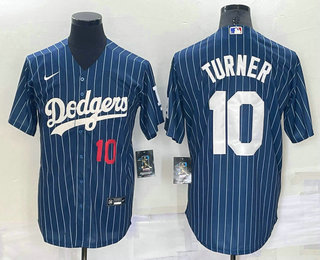 Men's Los Angeles Dodgers #10 Justin Turner Number Red Navy Blue Pinstripe Stitched MLB Cool Base Nike Jersey