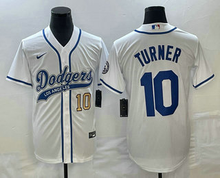 Men's Los Angeles Dodgers #10 Justin Turner Number White With Patch Cool Base Stitched Baseball Jersey 01