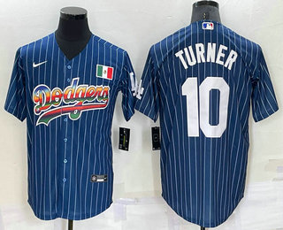 Men's Los Angeles Dodgers #10 Justin Turner Rainbow Blue Red Pinstripe Mexico Cool Base Nike Jersey