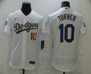 Men's Los Angeles Dodgers #10 Justin Turner White Gold Champions Patch Stitched MLB Flex Base Nike Jersey