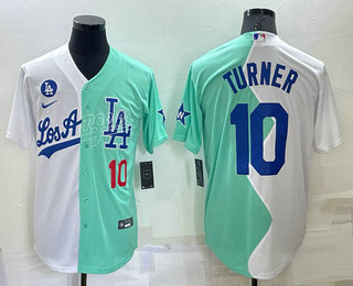 Men's Los Angeles Dodgers #10 Justin Turner White Green Number 2022 Celebrity Softball Game Cool Base Jersey 01