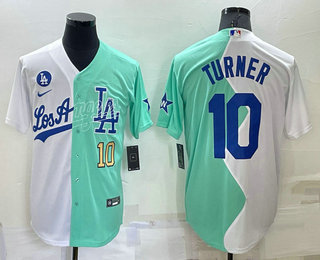 Men's Los Angeles Dodgers #10 Justin Turner White Green Number 2022 Celebrity Softball Game Cool Base Jersey 02