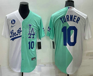 Men's Los Angeles Dodgers #10 Justin Turner White Green Number 2022 Celebrity Softball Game Cool Base Jersey 03