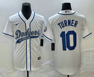 Men's Los Angeles Dodgers #10 Justin Turner White With Patch Cool Base Stitched Baseball Jersey 01